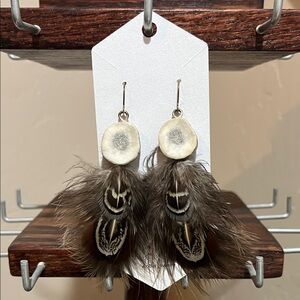 Elk Antler Pheasant Feather Handmade in Idaho Earrings